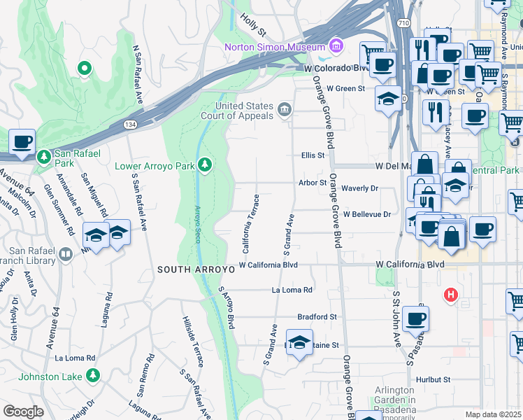 map of restaurants, bars, coffee shops, grocery stores, and more near 422 California Terrace in Pasadena