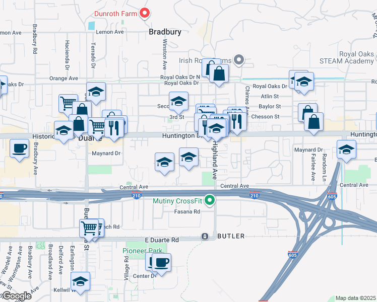 map of restaurants, bars, coffee shops, grocery stores, and more near 1302 Pops Road in Duarte