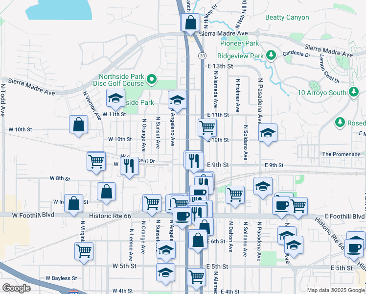 map of restaurants, bars, coffee shops, grocery stores, and more near 933 North San Gabriel Avenue in Azusa