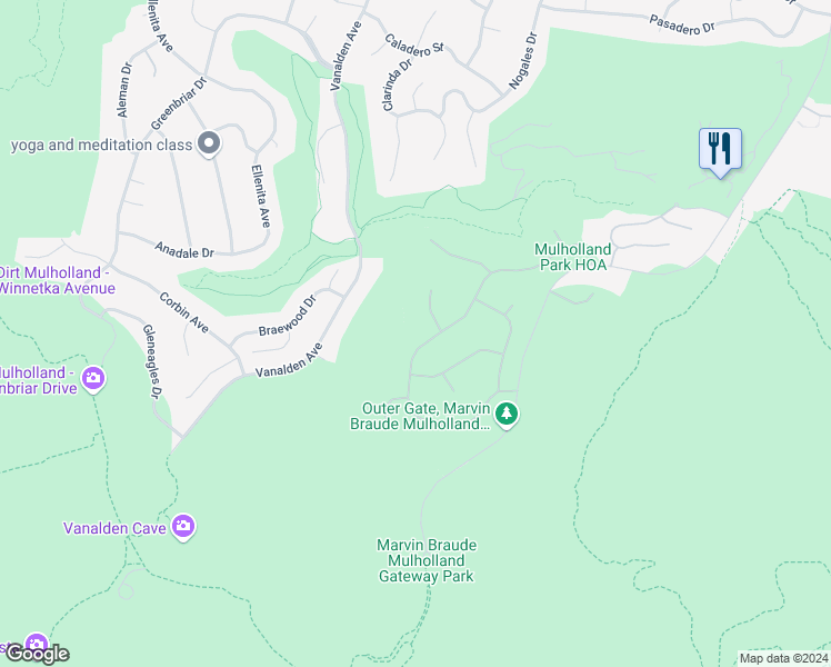 map of restaurants, bars, coffee shops, grocery stores, and more near 3791 Winford Drive in Los Angeles