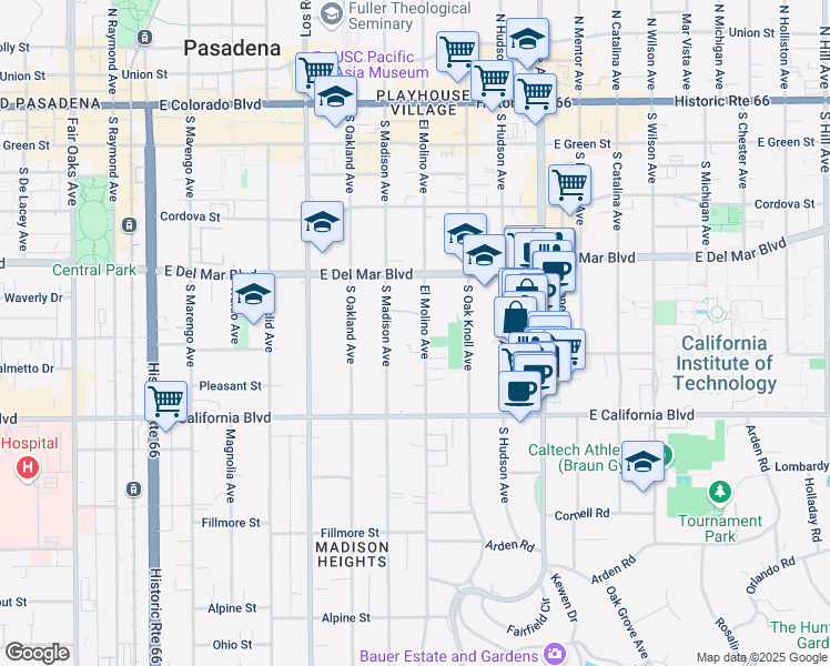 map of restaurants, bars, coffee shops, grocery stores, and more near 427 South El Molino Avenue in Pasadena