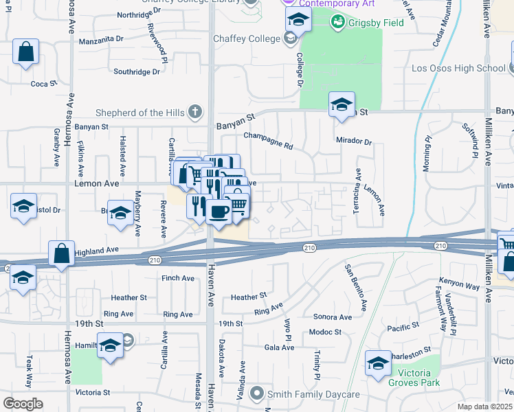 map of restaurants, bars, coffee shops, grocery stores, and more near 20655 Lemon Avenue in Rancho Cucamonga