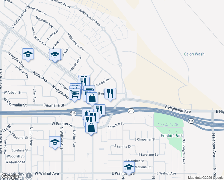 map of restaurants, bars, coffee shops, grocery stores, and more near 2145 North Magnolia Avenue in Rialto