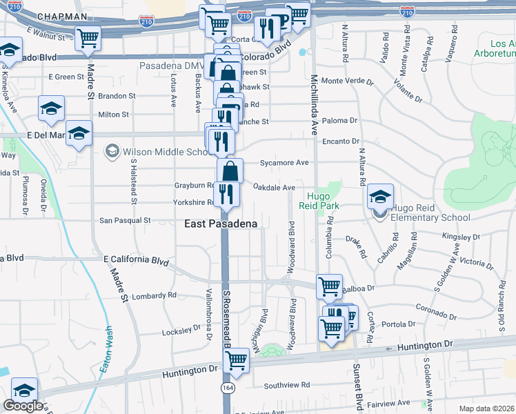 map of restaurants, bars, coffee shops, grocery stores, and more near 462 Minoa Avenue in Pasadena