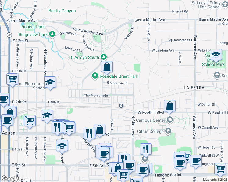 map of restaurants, bars, coffee shops, grocery stores, and more near 959 North Sunrise Lane in Azusa