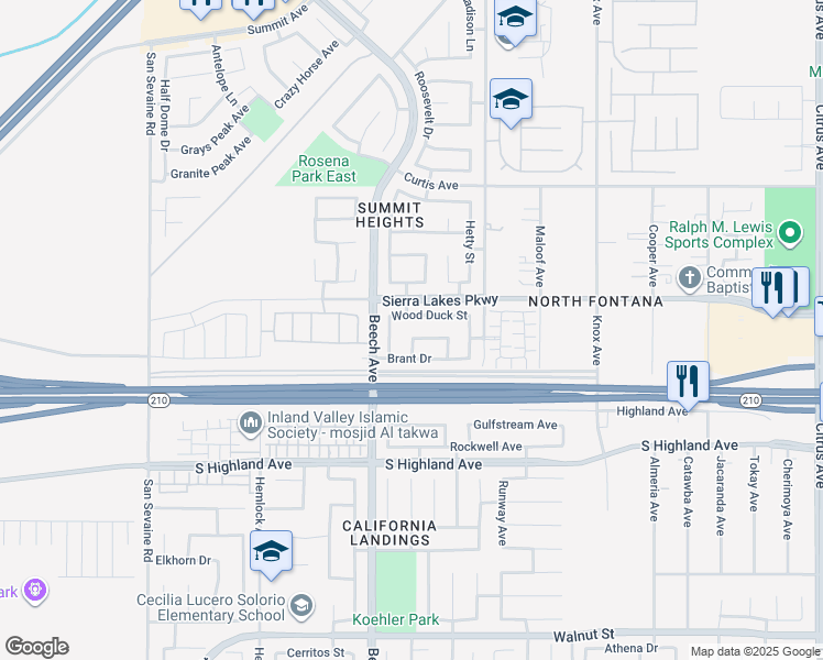 map of restaurants, bars, coffee shops, grocery stores, and more near 15368 Mallard Lane in Fontana