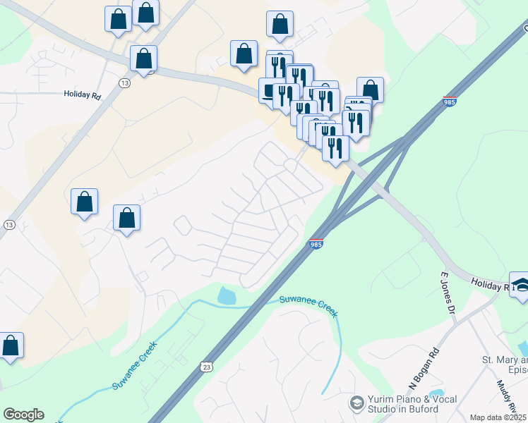 map of restaurants, bars, coffee shops, grocery stores, and more near 4963 Peachtree Drive in Buford