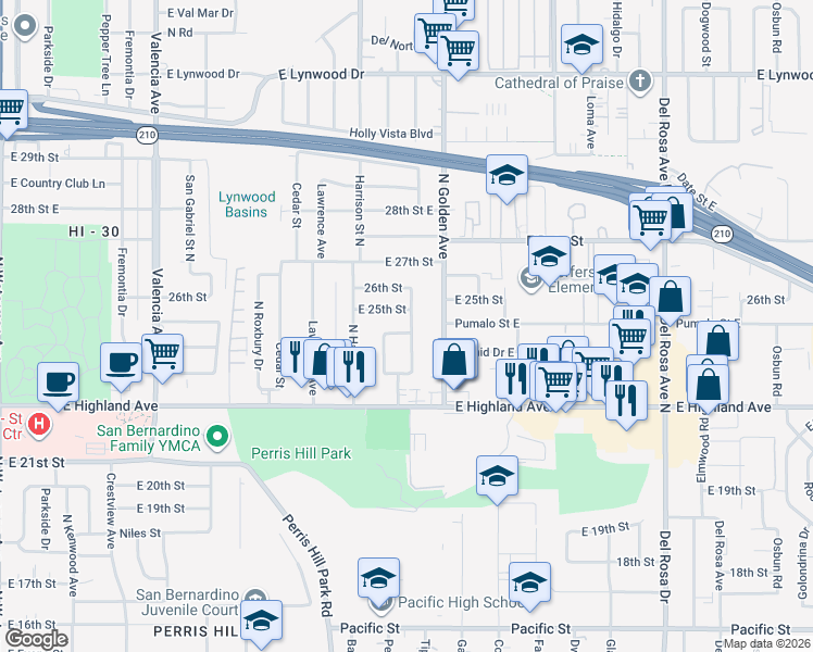 map of restaurants, bars, coffee shops, grocery stores, and more near 1162 East 24th Street in San Bernardino