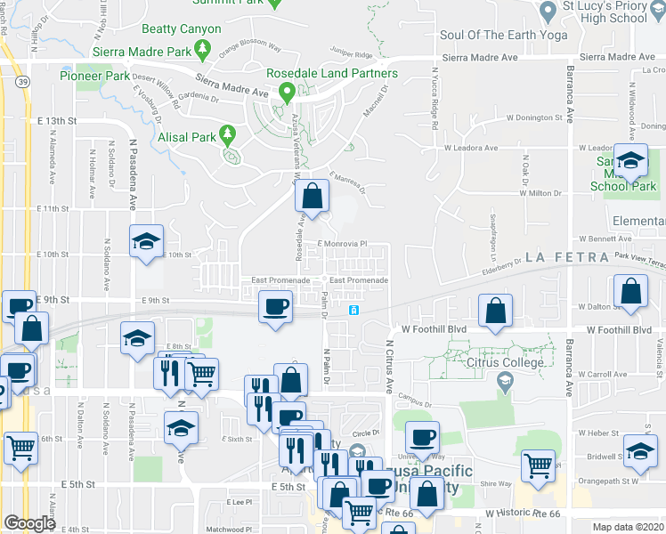 map of restaurants, bars, coffee shops, grocery stores, and more near 959 North Sunrise Lane in Azusa