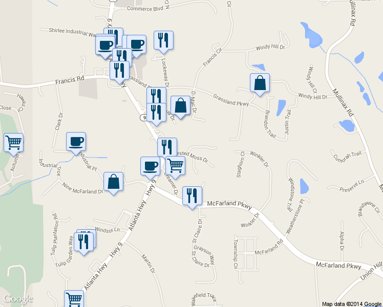 map of restaurants, bars, coffee shops, grocery stores, and more near 6010 Apple Rose Dr in Alpharetta