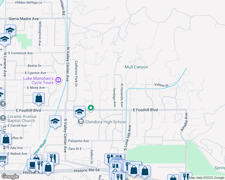 map of restaurants, bars, coffee shops, grocery stores, and more near 223 Verdugo Avenue in Glendora