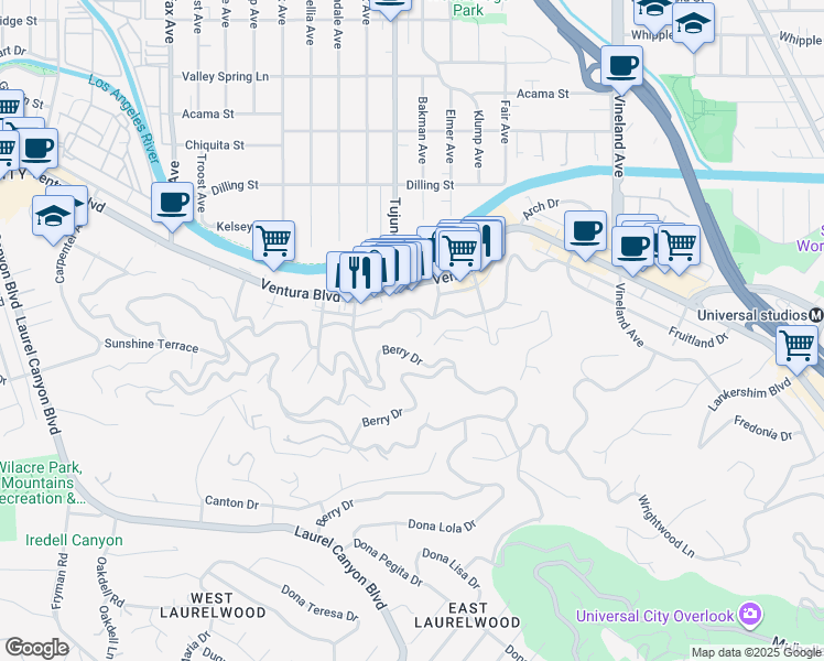map of restaurants, bars, coffee shops, grocery stores, and more near 11400 Sunshine Terrace in Los Angeles