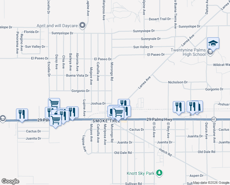 map of restaurants, bars, coffee shops, grocery stores, and more near 72083 Gorgonio Drive in Twentynine Palms
