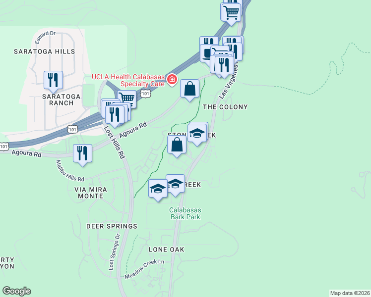 map of restaurants, bars, coffee shops, grocery stores, and more near 4325 Oak Glen Street in Calabasas