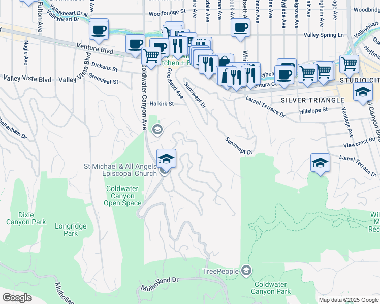 map of restaurants, bars, coffee shops, grocery stores, and more near 3750 Alta Mesa Drive in Los Angeles