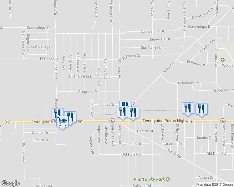 map of restaurants, bars, coffee shops, grocery stores, and more near 72083 Gorgonio Drive in Twentynine Palms