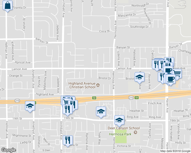 map of restaurants, bars, coffee shops, grocery stores, and more near 6372 Phillips Way in Rancho Cucamonga