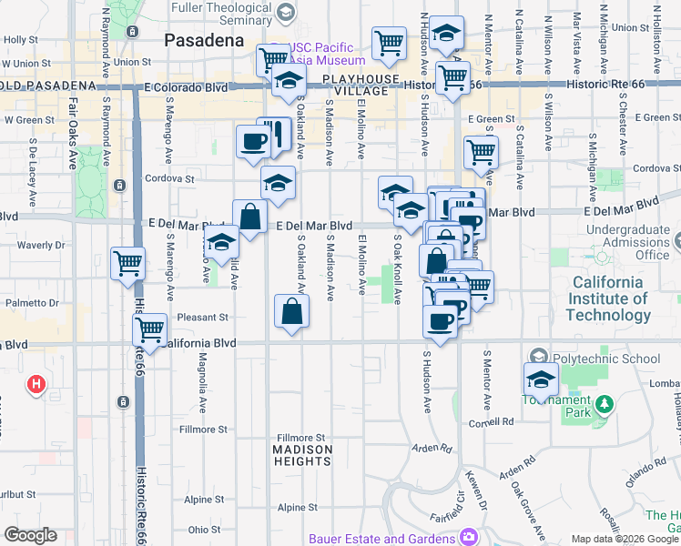 map of restaurants, bars, coffee shops, grocery stores, and more near 427 South Madison Avenue in Pasadena