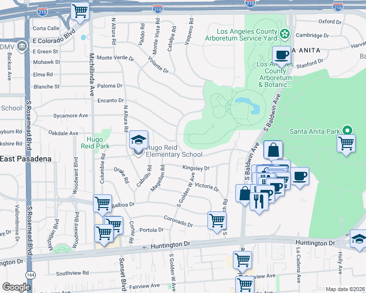 map of restaurants, bars, coffee shops, grocery stores, and more near 907 Hugo Reid Drive in Arcadia