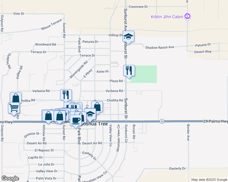 map of restaurants, bars, coffee shops, grocery stores, and more near 62021 Verbena Rd in Joshua Tree