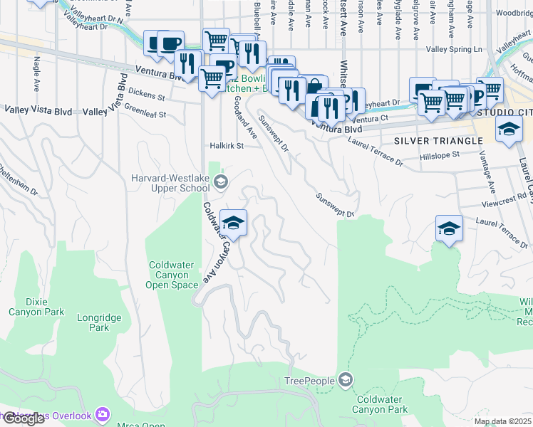 map of restaurants, bars, coffee shops, grocery stores, and more near 3750 Alta Mesa Drive in Los Angeles