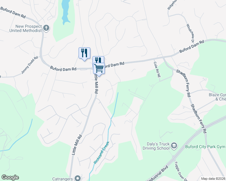 map of restaurants, bars, coffee shops, grocery stores, and more near Leaf Ridge Lane Northeast in Buford