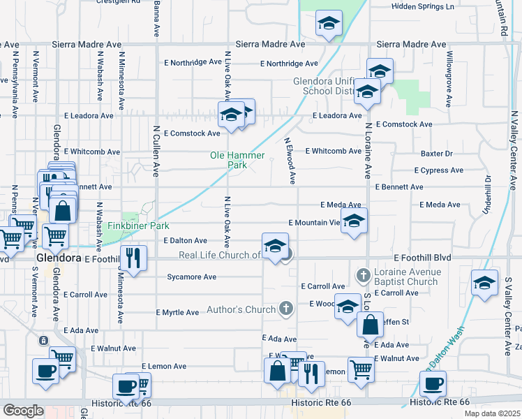 map of restaurants, bars, coffee shops, grocery stores, and more near 758 East Meda Avenue in Glendora