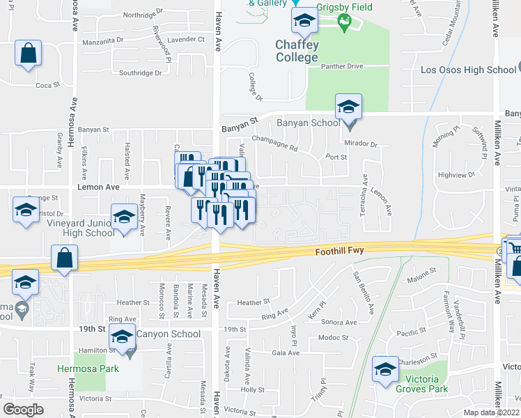 map of restaurants, bars, coffee shops, grocery stores, and more near 20655 Lemon Avenue in Rancho Cucamonga