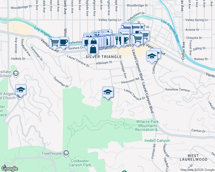 map of restaurants, bars, coffee shops, grocery stores, and more near 12205 Viewcrest Road in Los Angeles