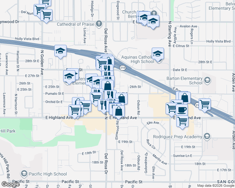 map of restaurants, bars, coffee shops, grocery stores, and more near 1683 Pumalo Street East in San Bernardino