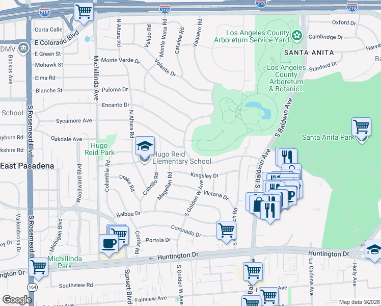 map of restaurants, bars, coffee shops, grocery stores, and more near 28 South Golden West Avenue in Arcadia
