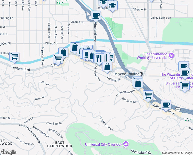 map of restaurants, bars, coffee shops, grocery stores, and more near 3854 Vineland Avenue in Los Angeles