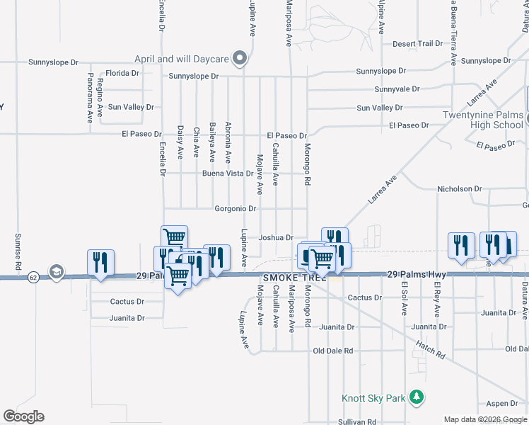 map of restaurants, bars, coffee shops, grocery stores, and more near 71983 Gorgonio Drive in Twentynine Palms