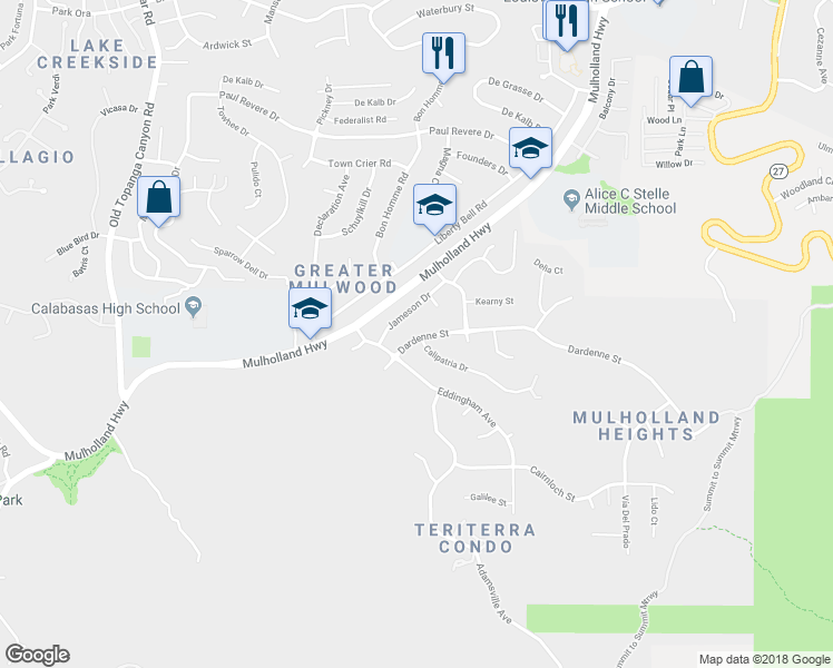 map of restaurants, bars, coffee shops, grocery stores, and more near 22601 Dardenne Street in Calabasas