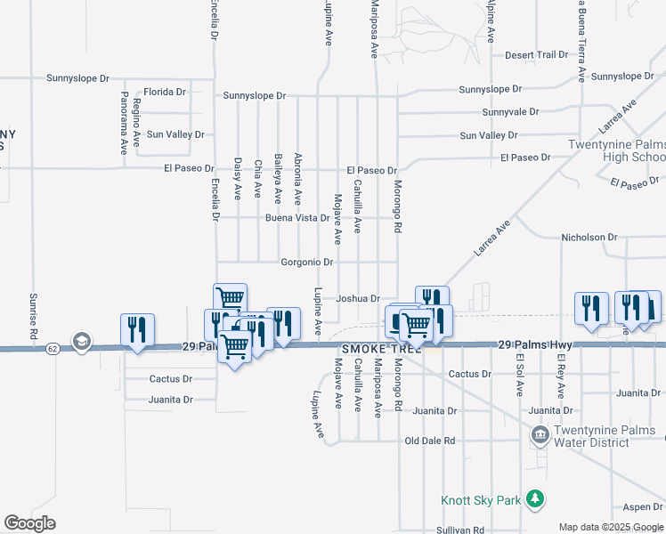 map of restaurants, bars, coffee shops, grocery stores, and more near 6326 Mojave Avenue in Twentynine Palms