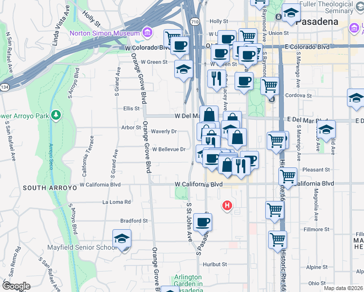 map of restaurants, bars, coffee shops, grocery stores, and more near 416 Gordon Terrace in Pasadena