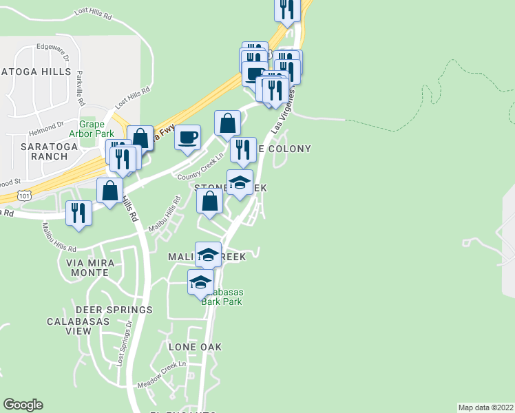 map of restaurants, bars, coffee shops, grocery stores, and more near 4377 Paxton Place in Calabasas
