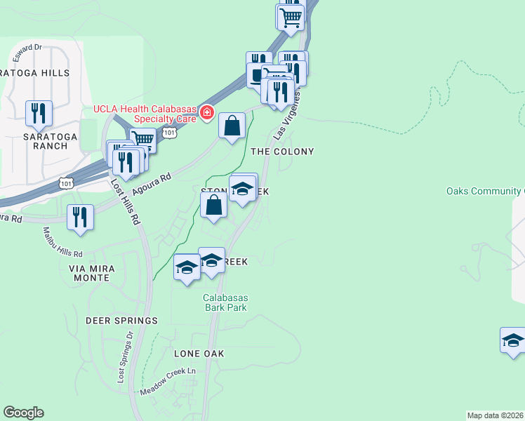 map of restaurants, bars, coffee shops, grocery stores, and more near 4377 Paxton Place in Calabasas