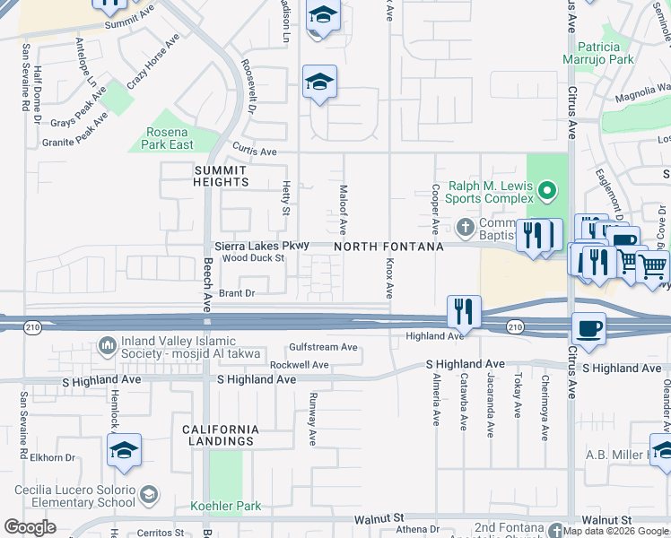 map of restaurants, bars, coffee shops, grocery stores, and more near Moonfire Lane in Fontana