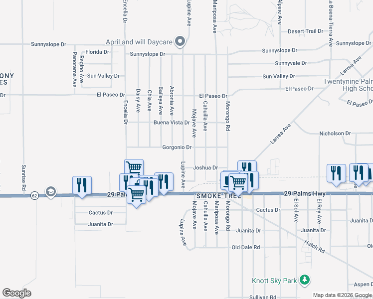 map of restaurants, bars, coffee shops, grocery stores, and more near Lupine Avenue in Twentynine Palms
