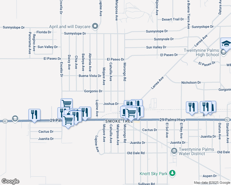 map of restaurants, bars, coffee shops, grocery stores, and more near 72043 Gorgonio Drive in Twentynine Palms