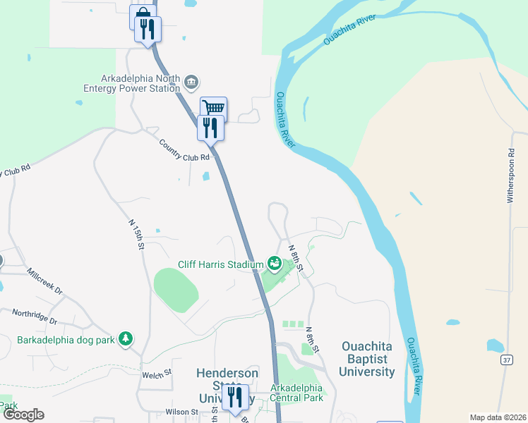 map of restaurants, bars, coffee shops, grocery stores, and more near 1060 Phelps Circle in Arkadelphia