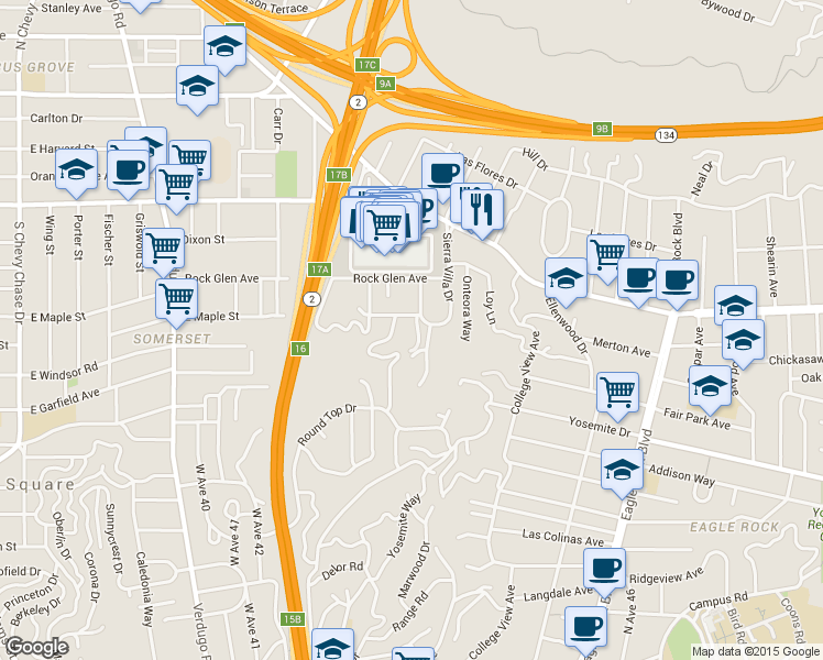 map of restaurants, bars, coffee shops, grocery stores, and more near 4915 El Canto Drive in Los Angeles