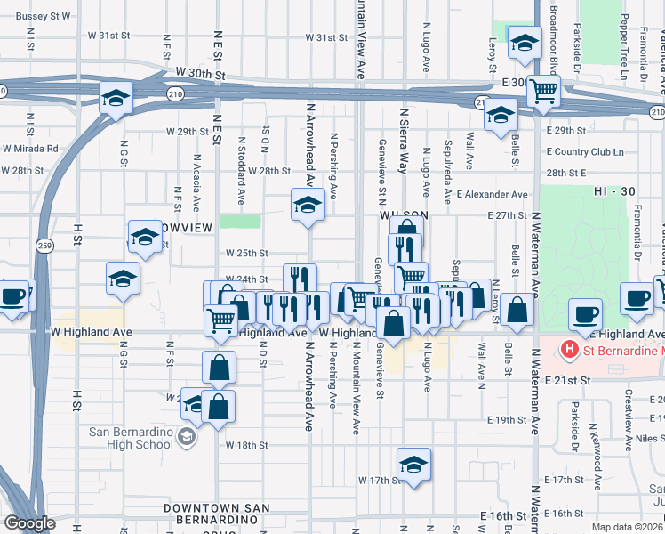 map of restaurants, bars, coffee shops, grocery stores, and more near 257 West 25th Street in San Bernardino