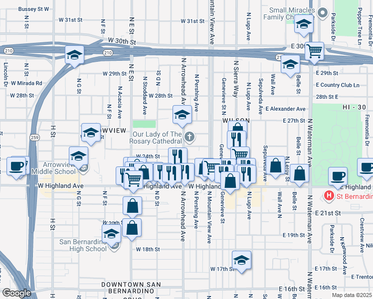 map of restaurants, bars, coffee shops, grocery stores, and more near 2475 North Arrowhead Avenue in San Bernardino
