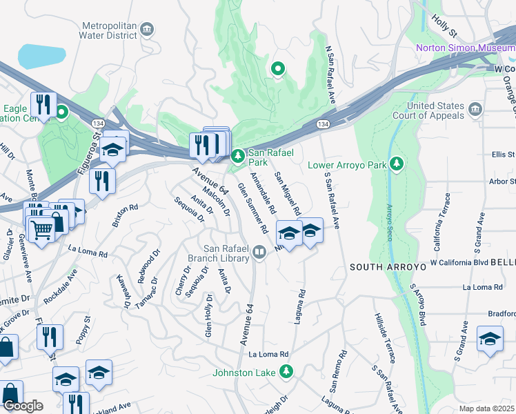 map of restaurants, bars, coffee shops, grocery stores, and more near 160 Glen Summer Road in Pasadena