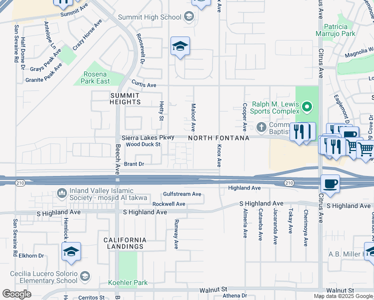 map of restaurants, bars, coffee shops, grocery stores, and more near 6362 Maloof Avenue in Fontana