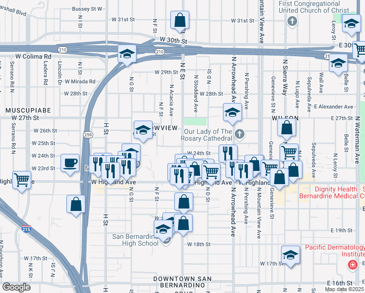 map of restaurants, bars, coffee shops, grocery stores, and more near N E St & W 25th St in San Bernardino