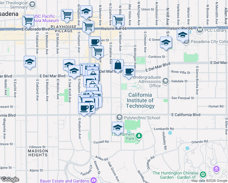 map of restaurants, bars, coffee shops, grocery stores, and more near 450 South Catalina Avenue in Pasadena