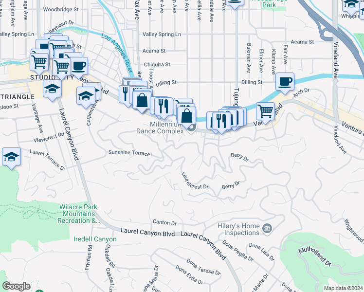 map of restaurants, bars, coffee shops, grocery stores, and more near 11574 Sunshine Terrace in Los Angeles